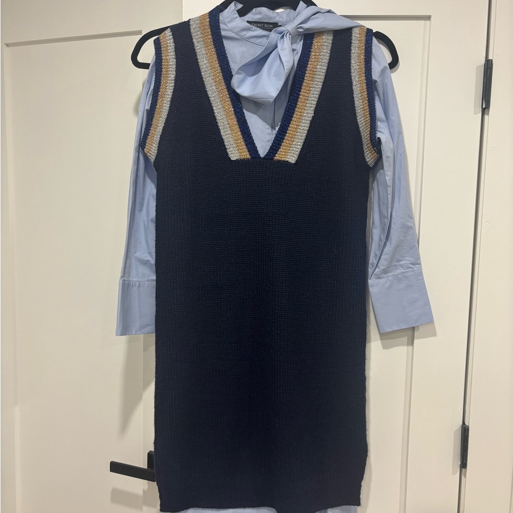Navy Knit V-Neck Dress with Striped Trim